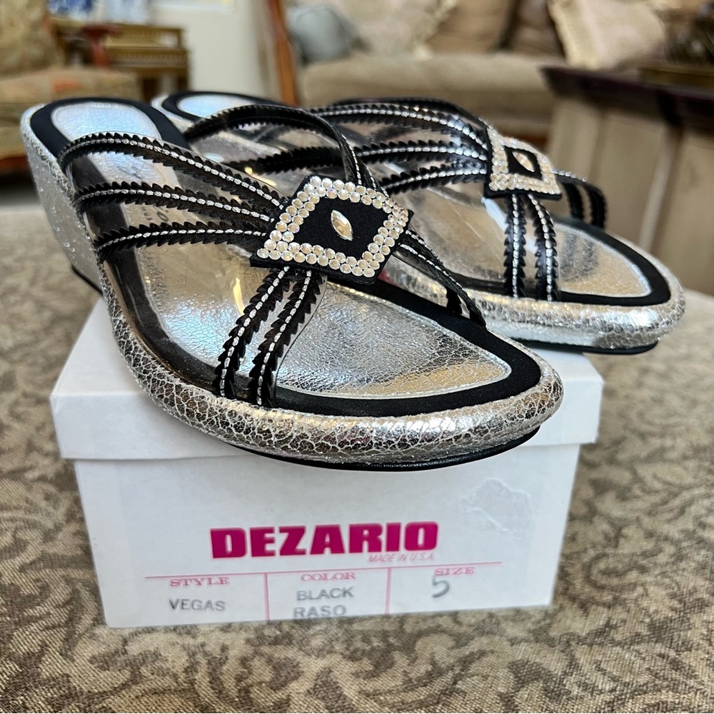 Dezario Vegas Black Silver Wedge Slide Leather With Rhinestone Shoes Size 5